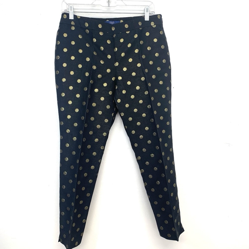 Talbots Black Gold Metallic Polka‎ Dot Pants 8P Crop Lined Side Zip Retro Casual
